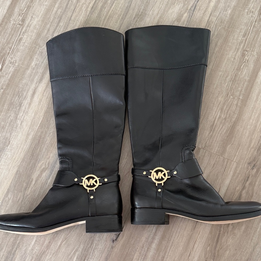 Michael Kors Black Leather Boots with Gold Logo
